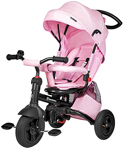 HyperMotion Dreirad mit drehbarer Komfortsitz Kinder faltbar Dreirad Tobi Velar mit Elterngriff gepumpte Räder Freilauf Regenmantel Elternlenkschiebegriff Pink