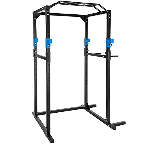 tectake Kraftstation Fitnessstation Power Rack Power Cage Klimmzug-Doppelstange Robuster Rahmen aus Stahlrohr Blau Schwarz Nr. 402737