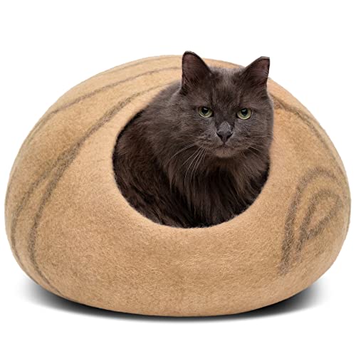 MEOWFIA Premium Filz Katzenbett Höhle Handgefertigtes Bett aus 100% Merinowolle Kätzchen helle Farbtöne Medium Sand Dune