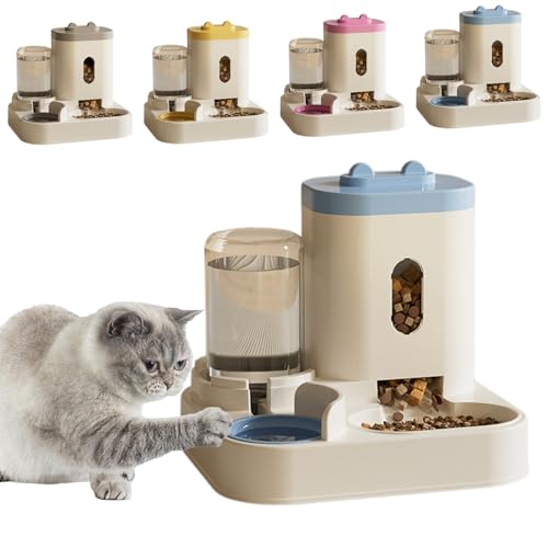 Wasser und Futterspender Katzen Wasserspender Ohne Strom Futterautomat Katzen Hunde 2 Näpfe Trockenfutterspender für Katzen Reise Wasserspender Katze Flasche Futterspender Blau