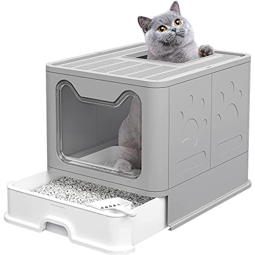 OHMG Katzenklo Katzentoilette mit Deckel Katzenklo inklusive Schaufel ausziehbares Tablett 2 Öffnungen auslaufsicherer Boden