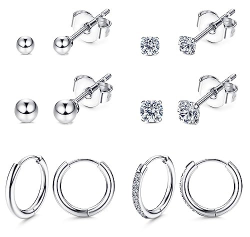 Morfetto G23 Titan Ohrringe Set für mehrere Piercing Hypoallergene Kleine Creolen 2mm 3mm CZ Kugelohrstecker und Creolen Set für Damen Silber