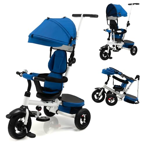 COSTWAY 4 1 klappbar drehbarer Sitz Vorwärts Rückwärtsfahrt Laufrad verstellbarem Verdeck abnehmbarem Geländer für Baby 1 Jahr Blau
