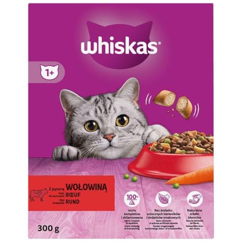 Whiskas Adult 1 Katzentrockenfutter für Erwachsene Katzen mit Rind 2er Pack 2 x 300 g im Karton