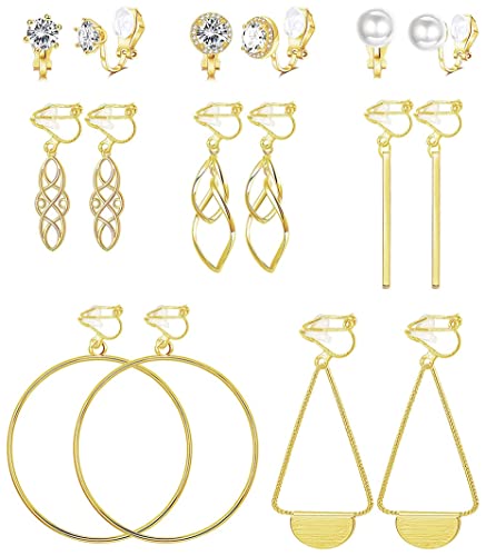 JeweBella 8 Paar Ohrclips Damen Mädchen Clip Ohrringe Lange Tropfen Hängend Ohrringe Ohne Ohrlöcher Zirkon Perlen Creolen Hypoallergen Fake Ohrringe Set Silber Gold für Frauen