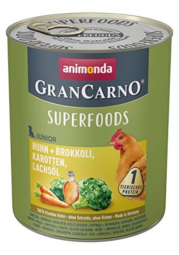 animonda GranCarno Junior Superfoods Hundefutter Nassfutter für Hunde im Wachstum Huhn Brokkoli Karotten Lachsöl 6 x 800 g