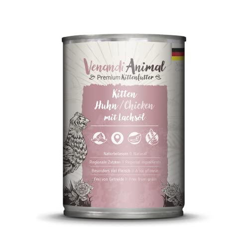 Venandi - Premium Nassfutter für Katzen - Kitten - Huhn mit Lachsöl 1 x 400g 1er Pack getreidefrei mit extra viel Fleisch