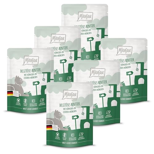 MjAMjAM - Premium Nassfutter für Katzen - Quetschie - deliziöses Rentier mit Hühnchen an leckeren Möhrchen 6er Pack 6 x 300 g getreidefrei mit extra viel Fleisch