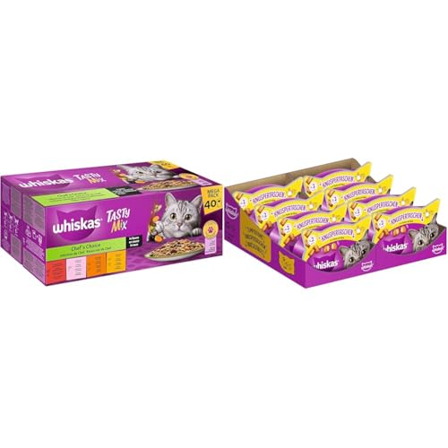 Whiskas 1 Tasty Mix Chef s Choice in Sauce 40x85g Nassfutter für ausgewachsene Katzen Whiskas Crunch Bags Katzensnacks Huhn Käse 60g