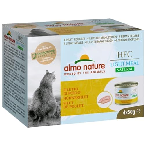 Almo Nature HFC Natural Light Meal Thunfisch Huhn und Schinken Nassfutter für ausgewachsene Katzen 4 Dosen 50 g