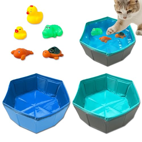 2 Stück Katzen Pool Spielzeug mit 5 Stück Schwimm Spielzeug VEINARDYL Faltbares PVC Katzen planschbecken Katzen Wassermatten Spielzeug Interaktives Katzen Fisch Spielzeug für Gelangweilte Hauskatzen