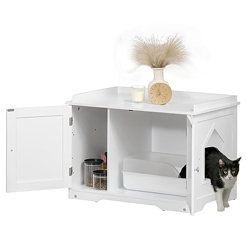 PawHut Katzenschrank für Katzentoilette Katzenklo mit Magnettüren Katzenhaus mit verstellbarem Trennwand Katzenhöhle mit großem Stauraum Beistelltisch Weiß 86 x 48 x 52 cm