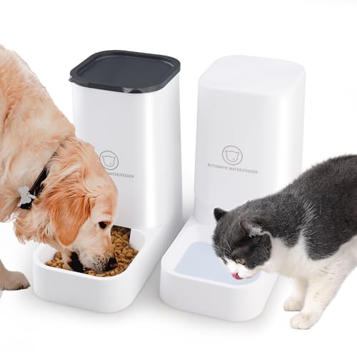 Pfloge Automatischer Futterspender Katze 2.1kg Futterautomat Katze und 3.8L Wasserspender Hund Ohne Strom PBA Frei Reisefutterspender Katzen Wasserspender- Weiß