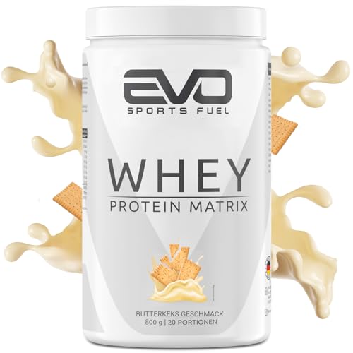 EVO SPORTS FUEL Whey Protein Pulver Matrix Butterkeks 800g bis zu 31g Protein pro Portion für Muskelaufbau und -erhalt geprüfte Qualität Made in Germany 1er Pack