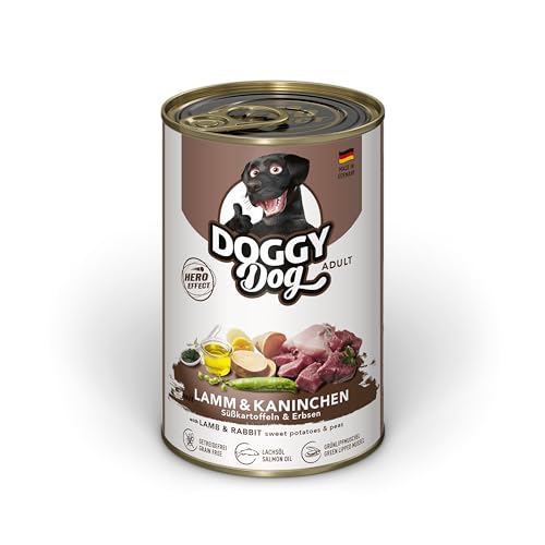 DOGGY Dog Pat Lamm Kaninchen 6 x 400 g Nassfutter für Hunde getreidefreies Hundefutter mit Lachsöl und Grünlippmuschel Alleinfuttermittel mit Süßkartoffel und Erbsen Made in Germany