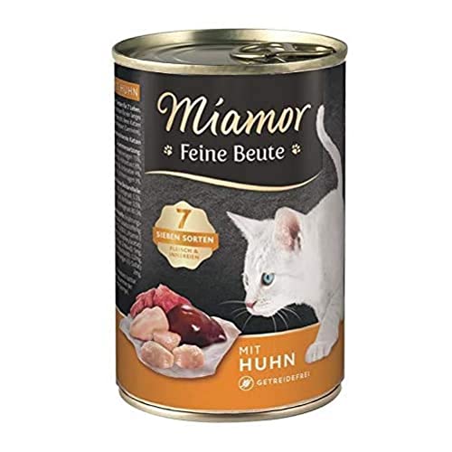 MIAMOR - Feine Beute Nassfutter für ausgewachsene Katzen mit 7 Sorten Fleisch und Innereien. Getreidefreies Alleinfutter mit Taurin in der Dose ohne künstliche Zusätze 12x400g Huhn