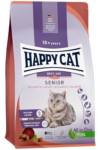 Happy Cat 70610 - Senior Atlantik Lachs - Katzen-Trockenfutter für Katzensenioren ab dem 8. Lebensjahr - 300 g Inhalt