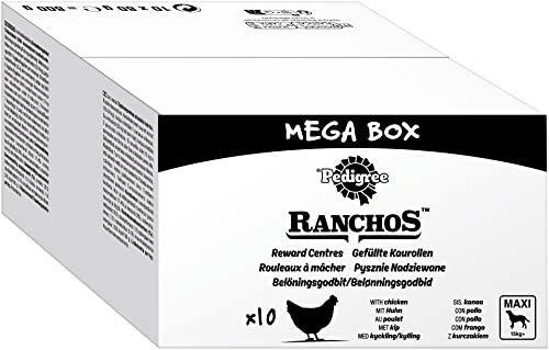 PEDIGREE RANCHOS Beutel Multipack Mega Box Gefüllte Kaurollen mit Huhn 10 x 80g Maxi 15kg