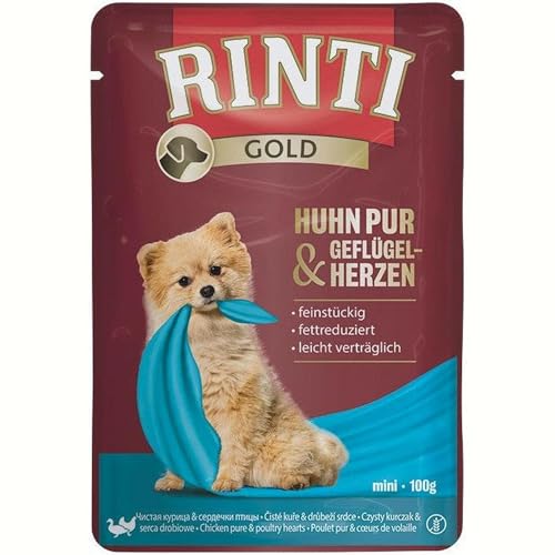 Rinti Gold Mini Huhn Pur Geflügelherzen 10 x 100 g Alleinfuttermittel für ausgewachsene kleine Hunde Ausschließlich Huhn für empfindliche Hunde bei Allergien Im Frischebeutel