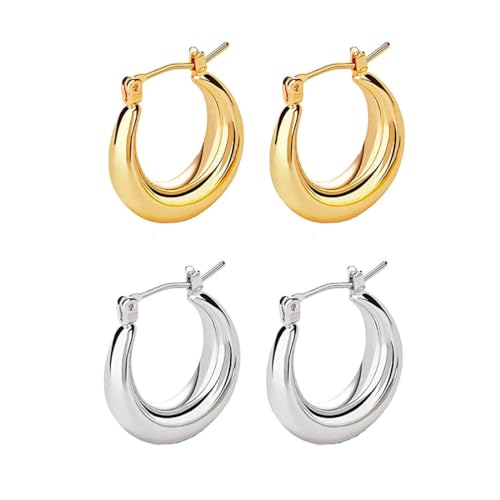 Creolen Ohrring für Damen 2 Stück Kleine Ohrringe Klobig Kleine Creolen Dick Knorpel Kreolen Huggie Creolen Mini Kleine Creolen Leicht Breit Ohrringe Modeschmuck für Frauen und Mädchen Gold und Silber