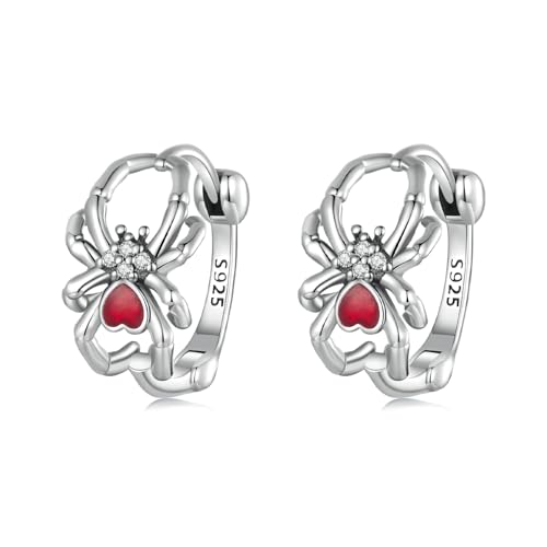 Halloween Spinne Huggie Creolen 925 Sterling Silber Zirkonia Rote Herz Spinne Kleine Creolen Knorpel Ohrringe Piercing Urlaub Ohrschmuck für Frauen