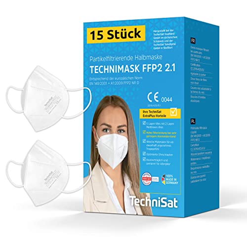 TechniSat TECHNIMASK 2.1 15 Stück FFP2 Maske aus Deutschland Dolomitstaub-geprüft 5-lagige Atemschutzmaske mit hochwertigem Vlies geringer Atemwiderstand Made in Germany