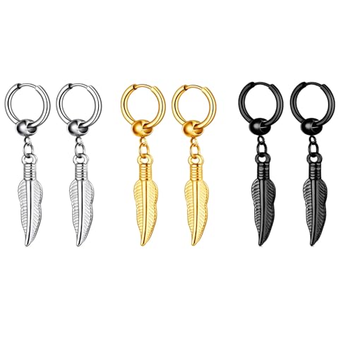 HinDaLi 3 Paar Ohrringe Feder Silber Ohrringe Edelstahl Herren Ohrringe Herren Schwarz Titan Ohrringe Hängend Silber Ohrringe Damen Creolen Ohrringe Gold Set Piercing Ohrringe Männer Ohrringe Schwarz