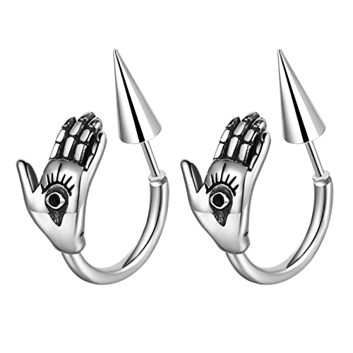 JewelryWe Hamsa Spike Ohrringe Herren Gothic Punk Edelstahl Fatimas Hand mit Böser Blick Teufel Auge Creolen Ohrstecker Schraube Ohrringe Helix Tragus Piercings für Männer Frauen