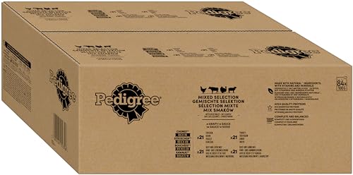 Pedigree Adult Hundenassfutter Vital Protection 84 Portionsbeutel 84x100g 1 Großpackung Hundefutter nass in Sauce mit Huhn Rind Lamm und Truthahn