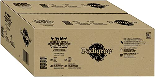 Pedigree Adult Hundenassfutter Vital Protection 84 Portionsbeutel 84x100g 1 Großpackung Hundefutter nass Sauce mit Huhn Rind Lamm und Truthahn