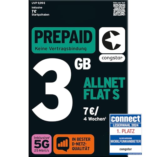 congstar Prepaid Allnet S SIM-Karte ohne Vertrag I Prepaid-Paket in D-Netz Qualität für Einsteiger I 3 GB LTE mit 25 Mbit s I Telefonie SMS Flat in alle dt. Netze I EU-Roaming inkl.