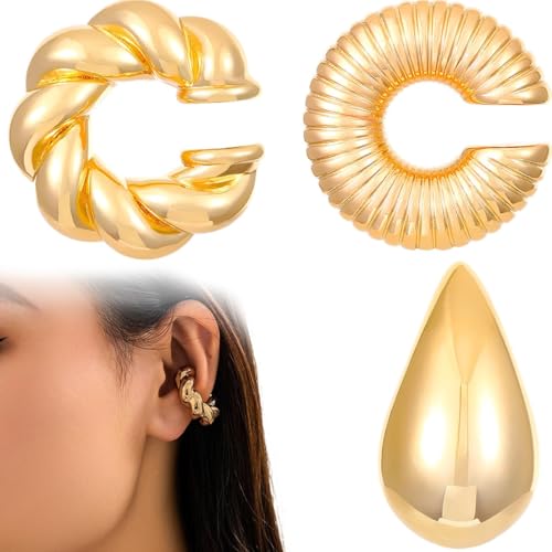 ZUWIJEQ 3 Stück Ohrringe Creolen Ear Cuff Set für Damen Ohrmanschette Ohrringe Fake Ohrringe Fakepircings Ohr Earcuffs Clip Ohrringe Non Piercing Fake Helix Knorpel Wrap Cuff Ohrringe Damen Gold