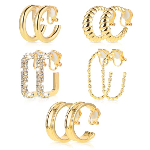 TIESOME 5 Paar Gold Ohrclips für Damen Kein Ohrlöcher Vergoldet Clip Ohrringe Gold Chunky Creolen Set Twist Knot Clip on Ohrringe Fake Ohrringe Set Modeschmuck Geschenk Hypoallergen Stil 2