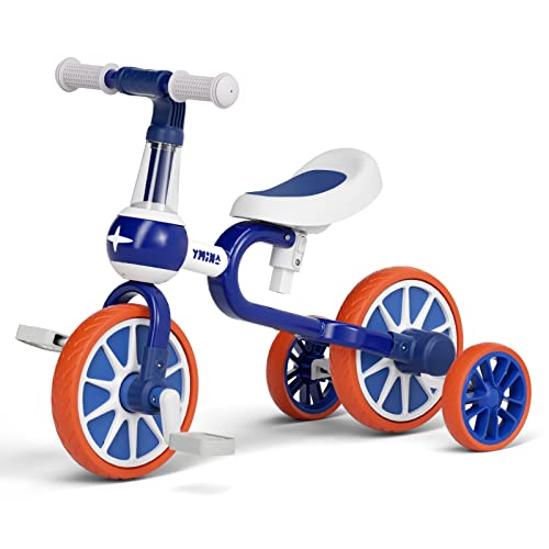 YMINA 3 in 1 Kinder Laufrad von 18 Monate bis 4 Jahre alt Jungen Mädchen Dreirad für Kinder Kleinkind erstes Anfänger Fahrrad Kinder Trike mit verstellbarem Sitz abnehmbares Pedal Blau