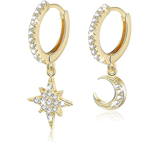 Milacolato 925 Sterling Silber HÃ¤ngend Ohrringe CZ HÃ¤nge Creolen Mond und Stern mit AnhÃ¤nger Mini Asymmetrische Cartilage HÃ¤ngende Huggie Ohrringe Damen
