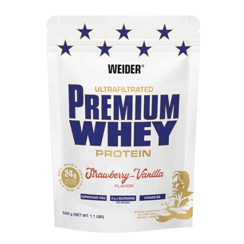 Weider Premium Whey Protein Pulver unverschämt leckeres Eiweißpulver mit Whey Isolat für Muskelaufbau mit hohem Anteil an EAA BCAA und freiem L-Glutamin perfekte Löslichkeit Erdbeer-Vanilla 500g