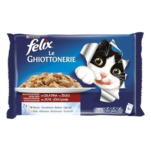 Purina Felix Le Gottonerie Nassfutter für Katzen mit Rindfleisch und Huhn 4 Beutel 85 g