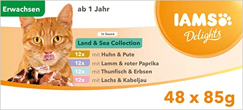 IAMS Delights Land Sea Collection Katzenfutter Nass - Multipack mit Fleisch und Fisch Sorten in Sauce Nassfutter für Katzen ab 1 Jahr 48 x 85 g