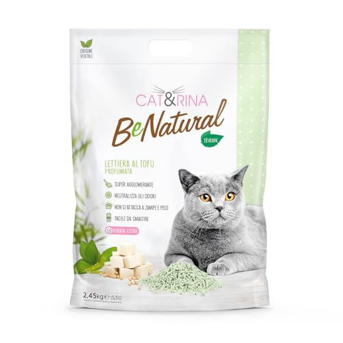 Cat Rina BeNatural Tofu Katzenstreu pflanzlich und stark klumpend. Biologisch abbaubar und in der Toilette entsorgbar.Bis zu 30 Tage Gebrauch. Katzenstreu mit Grünem Tee 5 5l