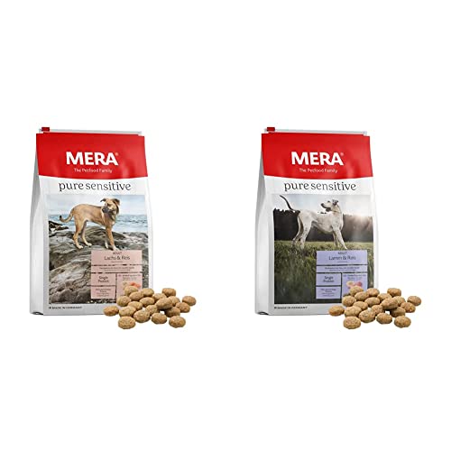 MERA Pure Sensitive Lachs Reis Trockenfutter aus Lachs und Reis 4 kg Pure Sensitive Lamm Reis Hundefutter trocken für Sensible Hunde Futter für ausgewachsenen Hund 4 kg