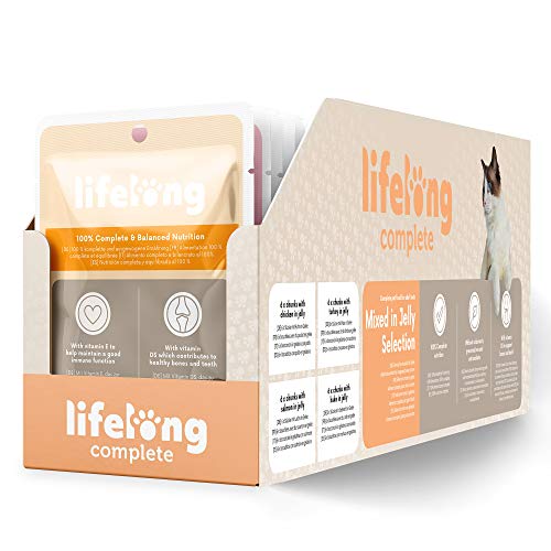 Amazon Marke Lifelong Alleinfuttermittel für ausgewachsene Katzen  Gemischte Auswahl in Gelee 2 4kg 24x 100g