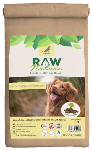 RAW Nature Trockenfutter Senior mit Huhn 1kg Kaltgepresstes Hundefutter Getreidefrei 100% Muskelfleisch hoher Fleischanteil ohne künstliche Zusätze für alle Rassen und Sensible Hunde