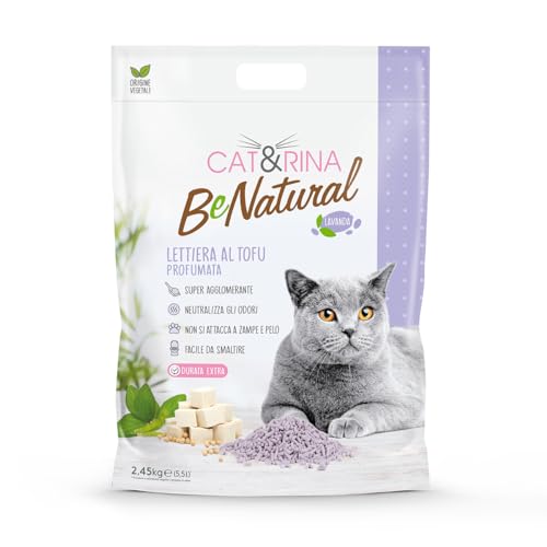 Cat Rina BeNatural Tofu Katzenstreu pflanzlich und stark klumpend. Biologisch abbaubar und in der Toilette entsorgbar.Bis zu 30 Tage Gebrauch. Katzenstreu mit Lavendel 5 5l