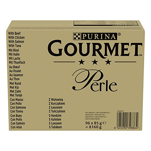 Purina Gourmet Perlen Filets in Sauce Nassfutter für Katzen mit Rind Huhn Lachs Thunfisch 96 Beutel 85 g