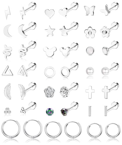 YADOCA 21 Paar Chirurgenstahl Ohrstecker für Damen Mädchen 20G Hypoallergen Kreuz Stern Mond Blume Herz Perle Schmetterling Kleine Flatback Ohrringe Creolen Tragus Knorpel Ohrringe Piercing Schmuck