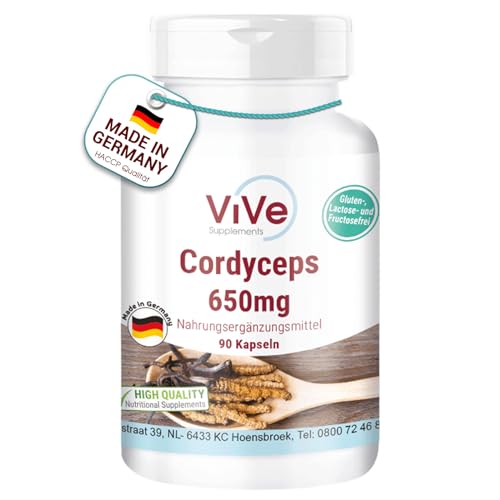 Cordyceps 650 mg - 90 Kapseln - vegan - Pilzpulver aus dem Mycel - Vitalpilz Qualität aus Deutschland von ViVe Supplements