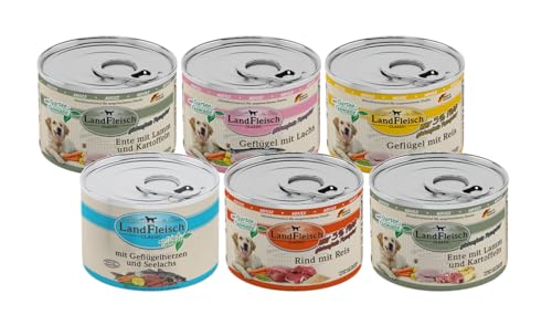 Landfleisch Hundefutter 6 x 195g Multipack garantierter 4 Sorten Mix Nassfutter für Hunde Ohne Zusatz von Gluten Zucker GVO und Sojaprodukten