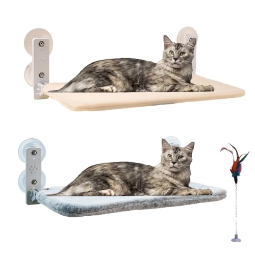 Katzen Fensterliege mit Stabil Saugnäpfe 52x30cm Klappbar Katzenbett Fenster mit Samtmaske und Gefiedertes Katzenspielzeug Hängematte Fensterplätze Katzenbett für Katzen Aller Größen bis zu 25kg