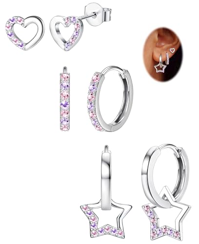 JeweBella 3 Paar Ohrringe Silber 925 Pfosten für Damen Mädchen Ohrringe Set Ohrstecker Creolen Silber Herz Stern Earrings Stapelbar Ohrringe Silber Hängend Kinder Ohrringe Mädchen Rosa Blau Lila