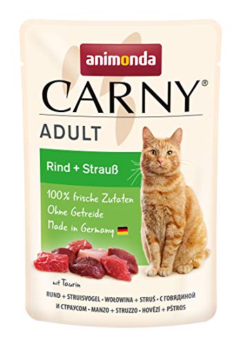 Carny Katzenfutter nass Pouch Rind Strauß 12 x 85g Katzen Nassfutter ohne Getreide und Zucker für ausgewachsene Katzen von animonda mit frischen fleischlichen Zutaten praktische Portionsbeutel